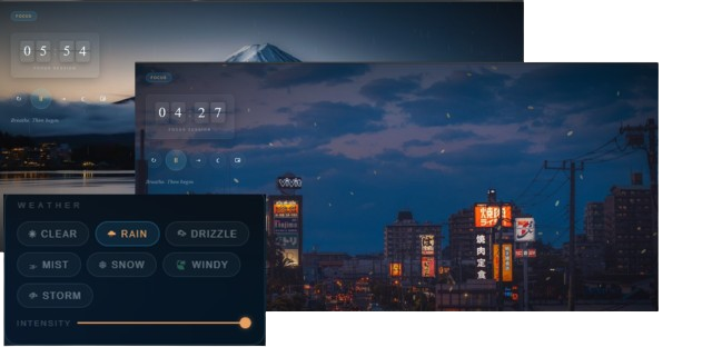 Weather, ambient sounds, stats and badges